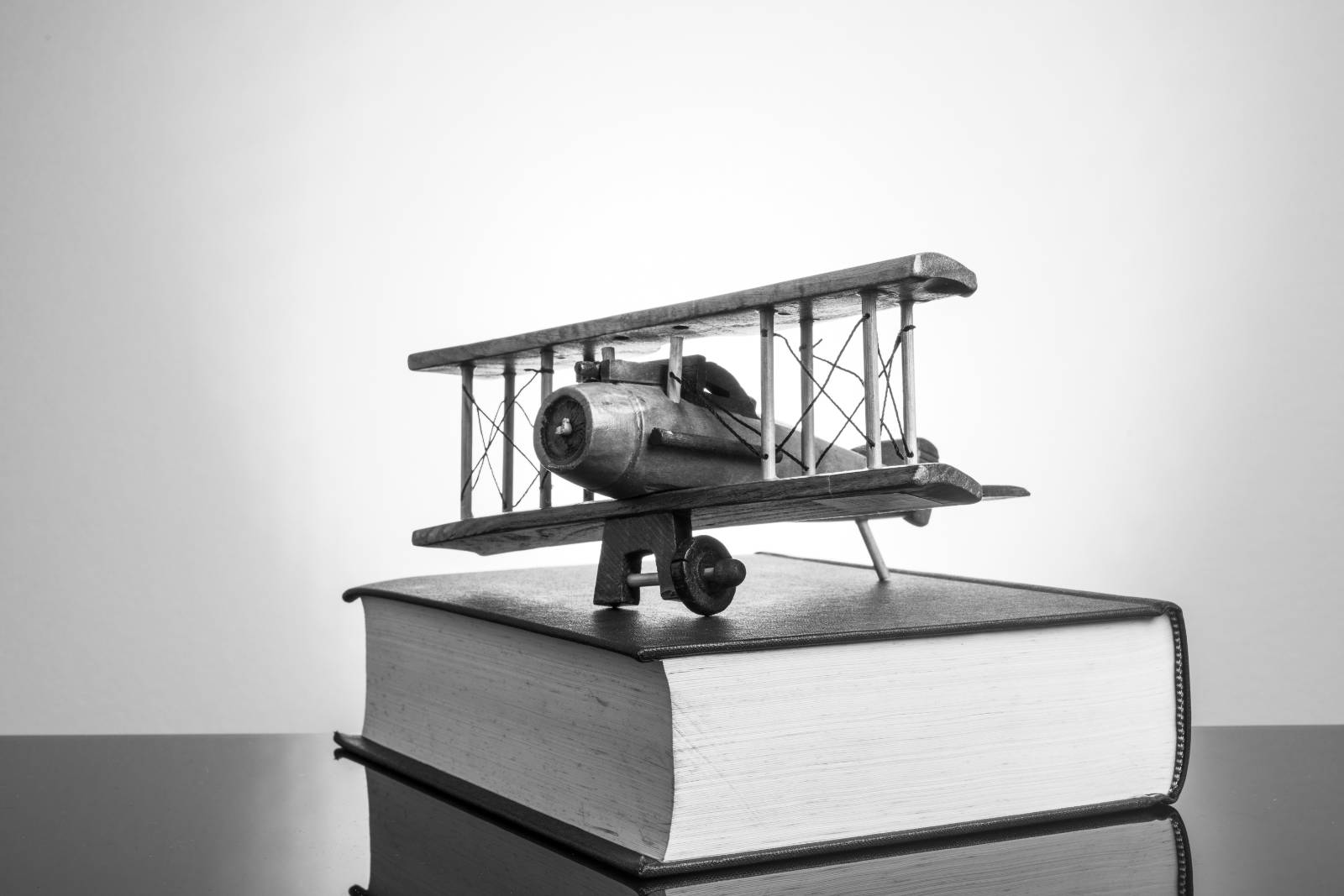 A model biplane on a closed book